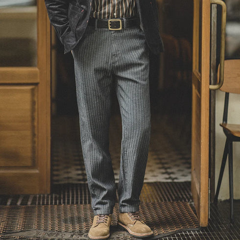 Men’s Retro 12.8oz Grey Striped Jeans, Straight Fit, Herringbone Trousers, Casual Style.